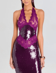 Retrofête - PRE-ORDER-Retrofête Vicky Sequin Lace Halter Dress in Violette - Buy Online