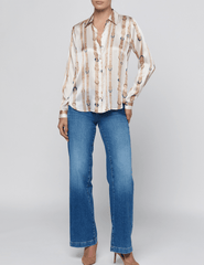 PRE-ORDER-L’AGENCE Tyler Long Sleeve Blouse in Ecru Multi Stud Belt Stripe