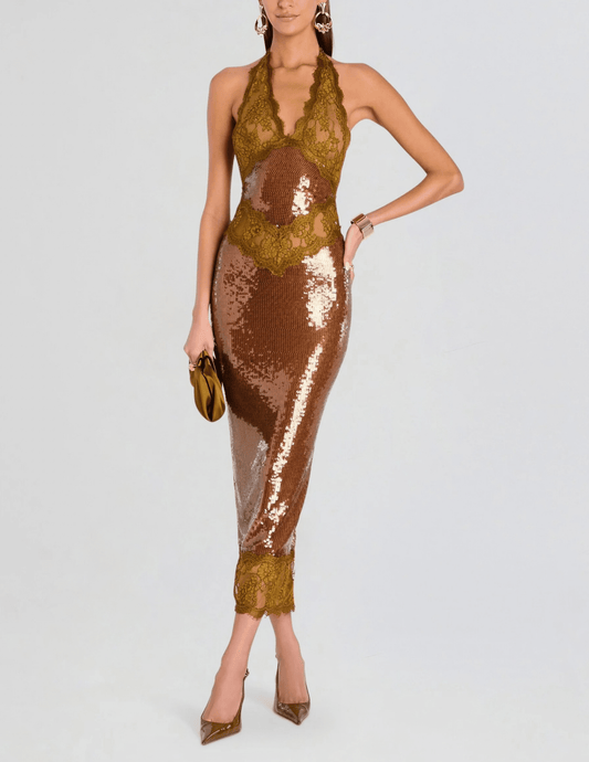 PRE-ORDER Retrofête Vicky Sequin Lace Halter Dress in Ochre