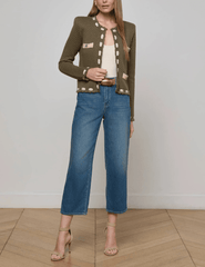 L'AGENCE Astor Contrast Trim Cardigan in Army Biscuit