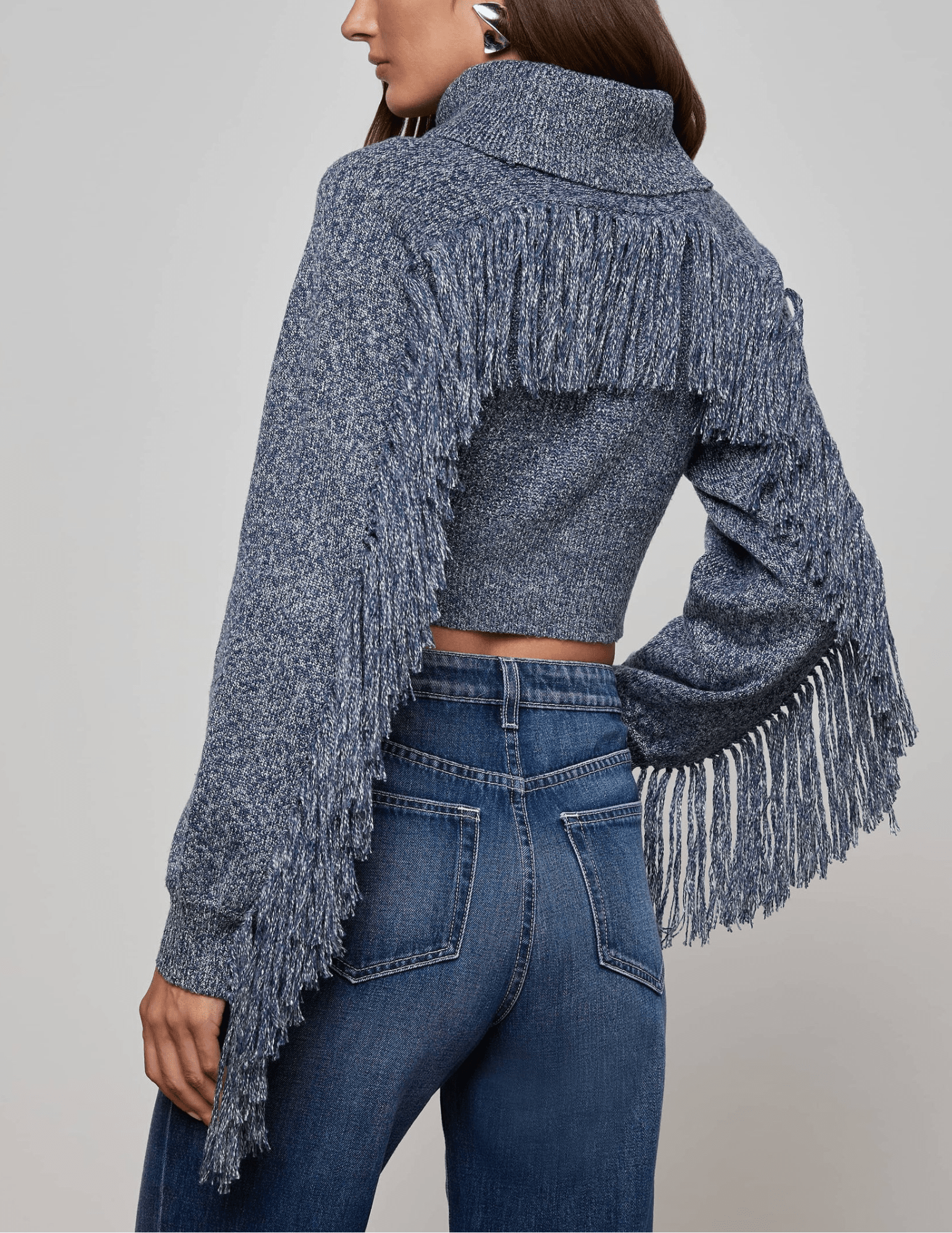 L'Agence - PRE-ORDER-L'AGENCE Maddison Fringe Turtleneck Sweater in Denim Blue - Buy Online