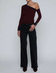 PRE-ORDER-L'AGENCE Maeva One Shoulder Color-Block Sweater in Malbec Midnight