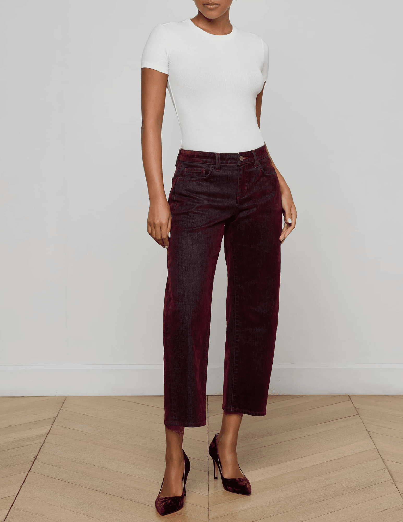 L'Agence - PRE-ORDER-L'AGENCE Dolores Low Rise Bow Leg Burnout Velvet Jeans in Bordeaux - Buy Online