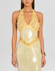 Retrofête - PRE-ORDER-Retrofête Vicky Sequin Lace Halter Dress in Yuzu - Buy Online
