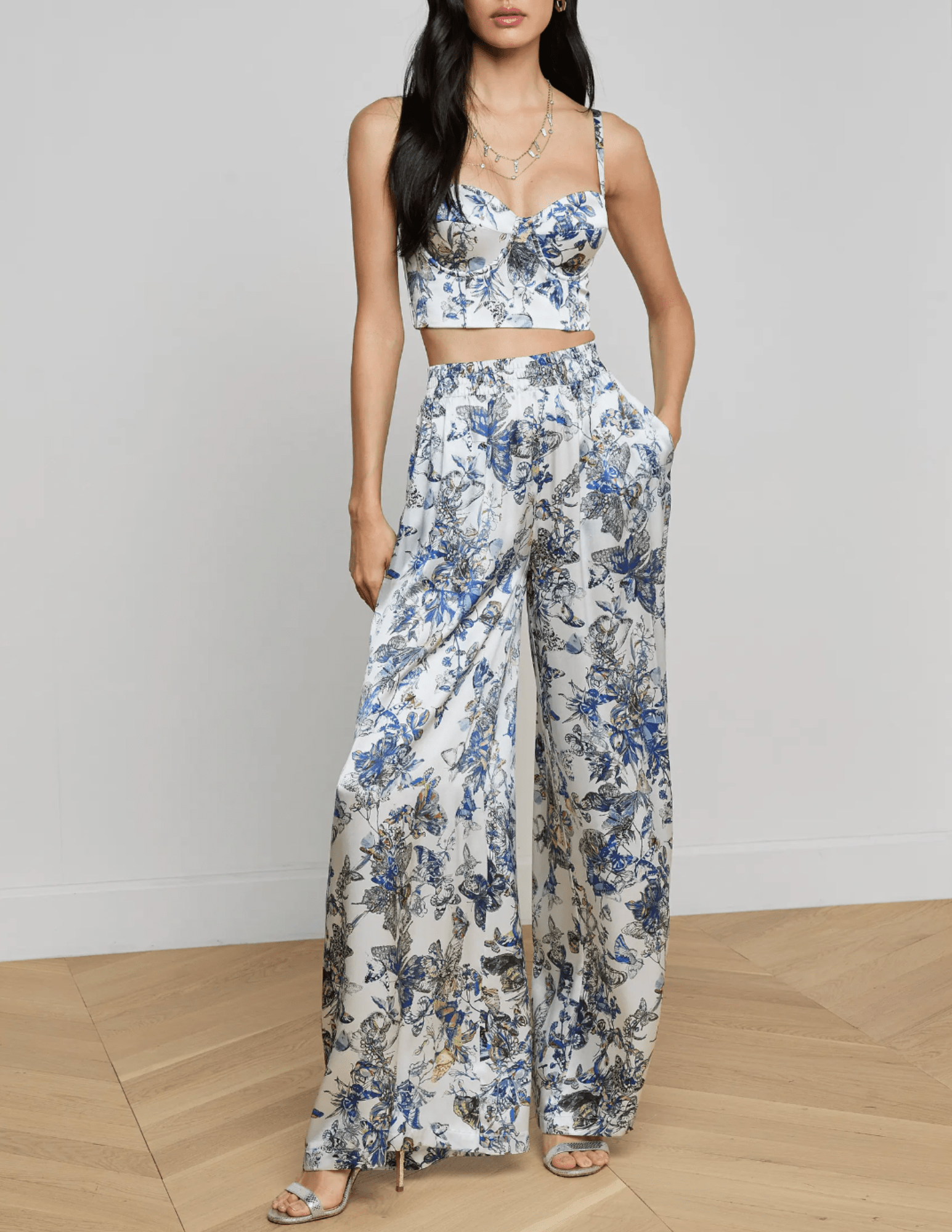 L'Agence - PRE-ORDER-L'AGENCE Lillian Silk Wide Leg Pant in Grey Multi Watercolor Butterfly - Buy Online