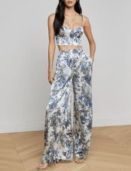 L'Agence - PRE-ORDER-L'AGENCE Lillian Silk Wide Leg Pant in Grey Multi Watercolor Butterfly - Buy Online