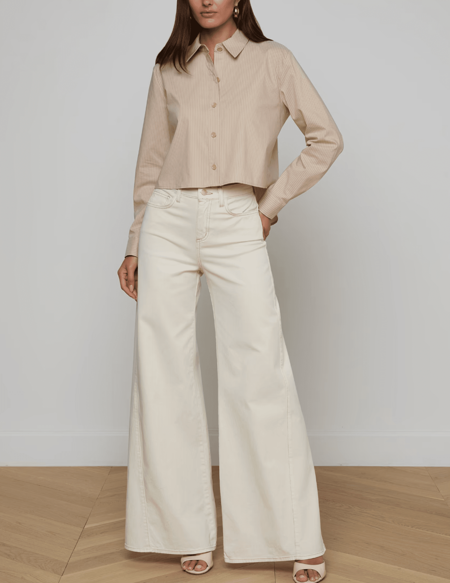 L'Agence - PRE-ORDER-L'Agence Cosette Cropped High Low Blouse in Macadamia Light Brown Stripe - Buy Online