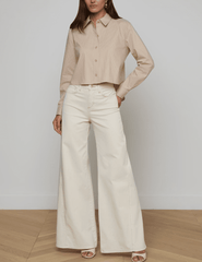 L'Agence - PRE-ORDER-L'Agence Cosette Cropped High Low Blouse in Macadamia Light Brown Stripe - Buy Online