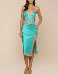 PRE-ORDER-L'AGENCE Tico Silk Lace Skirt in Cyan & Cappuccino