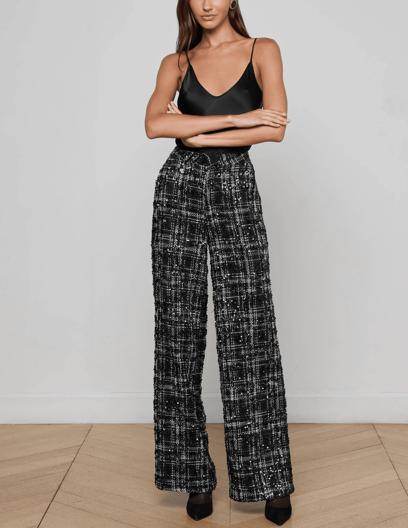 L'Agence - PRE-ORDER-L'AGENCE Livvy Sequin Tweed Straight Leg Trouser in Black Ivory Tweed - Buy Online