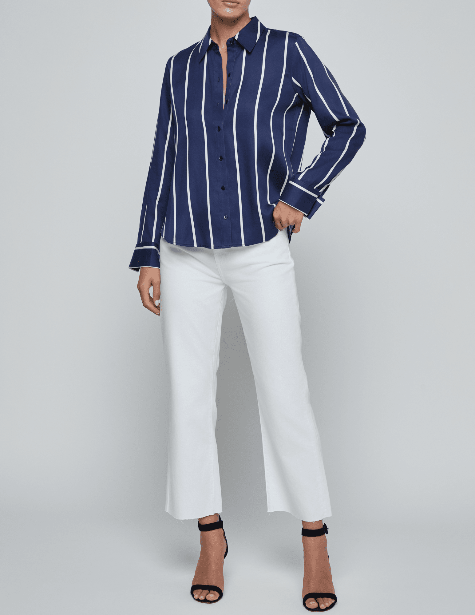 L'Agence - PRE-ORDER-L'AGENCE Ellery Long Sleeve Button Blouse in Midnight White Spaced Out Stripe - Buy Online