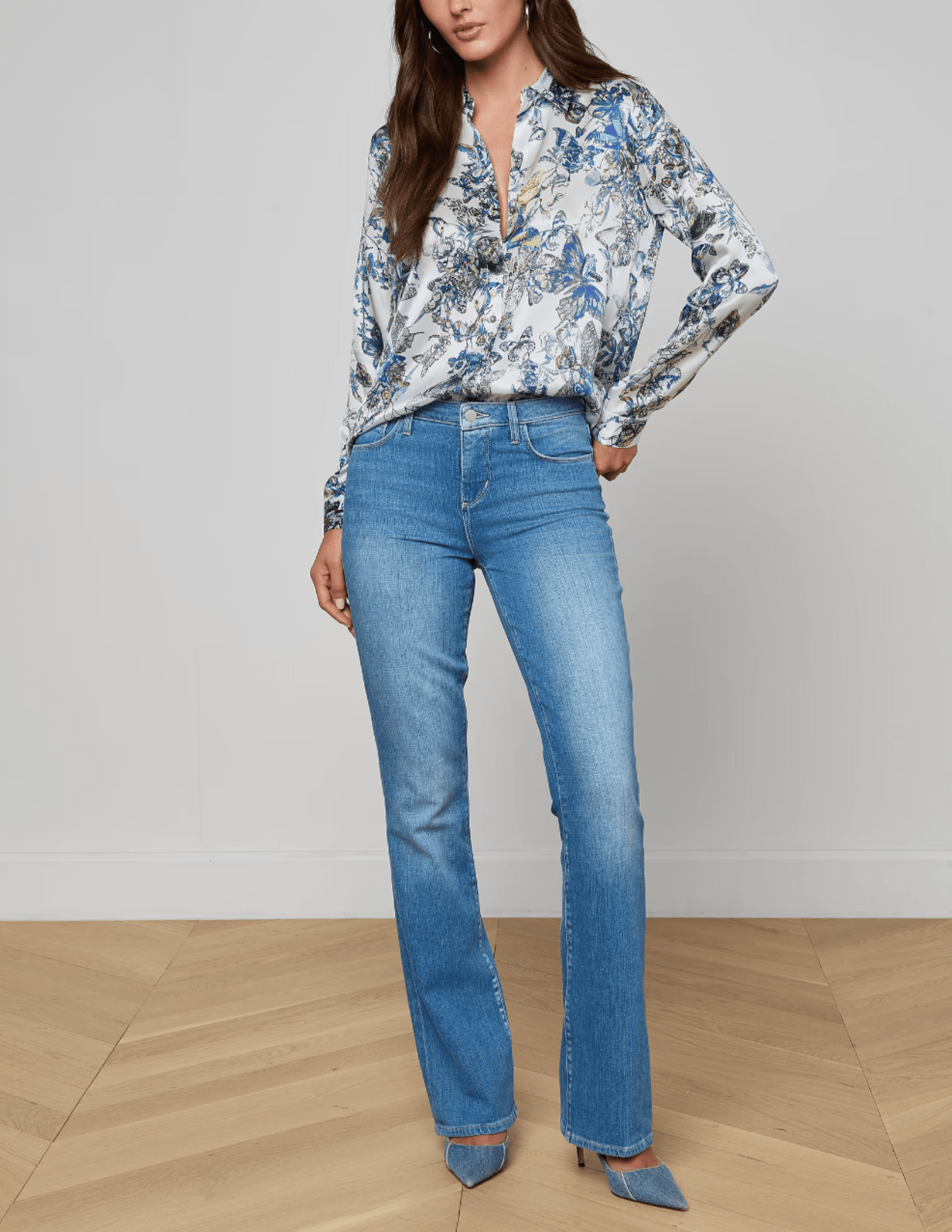 L'Agence - PRE-ORDER-L'AGENCE Tyler Long Sleeve Blouse in Grey Multi Watercolor Butterfly - Buy Online