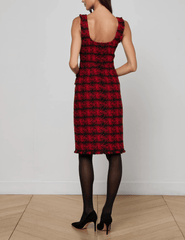 PRE-ORDER-L’AGENCE Aya Tweed Midi Dress in Red and Black Houndstooth