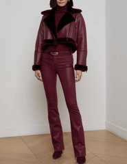 L'AGENCE Pike Cropped Moto Shearling Jacket in Wine