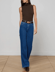 Front view of L’AGENCE Ceci Sleeveless Button Turtleneck Tank in Coffee Bean