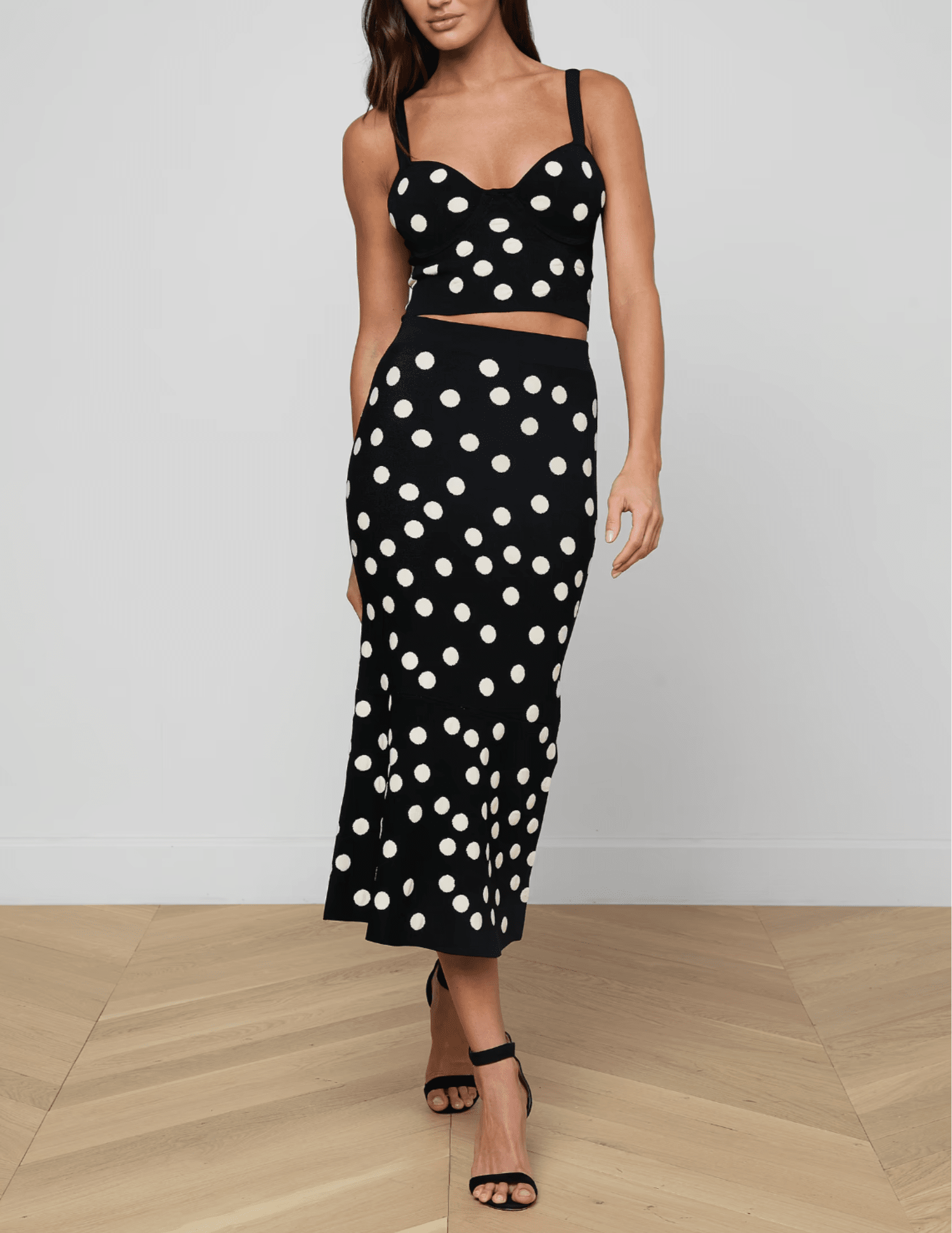 L'Agence - PRE-ORDER-L'AGENCE Mae Knit Flare Skirt in Black Ecru Polka Dot - Buy Online