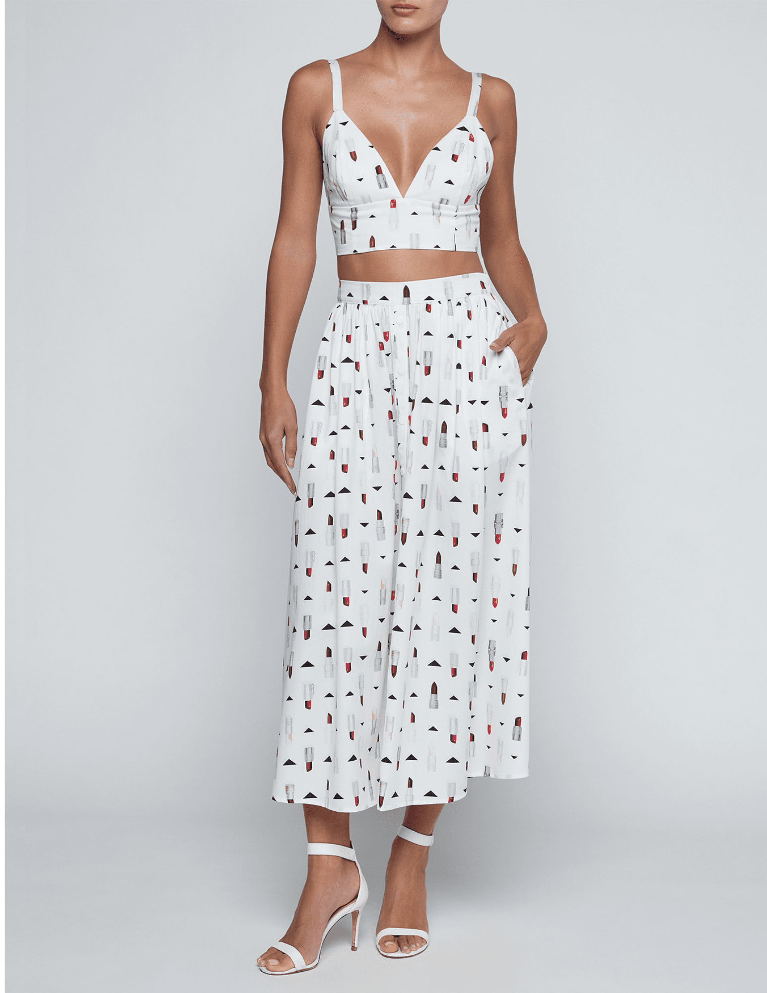 L'Agence - PRE-ORDER-L'AGENCE Seina Poplin Midi Skirt in Ivory Multi Lipstick Geo - Buy Online