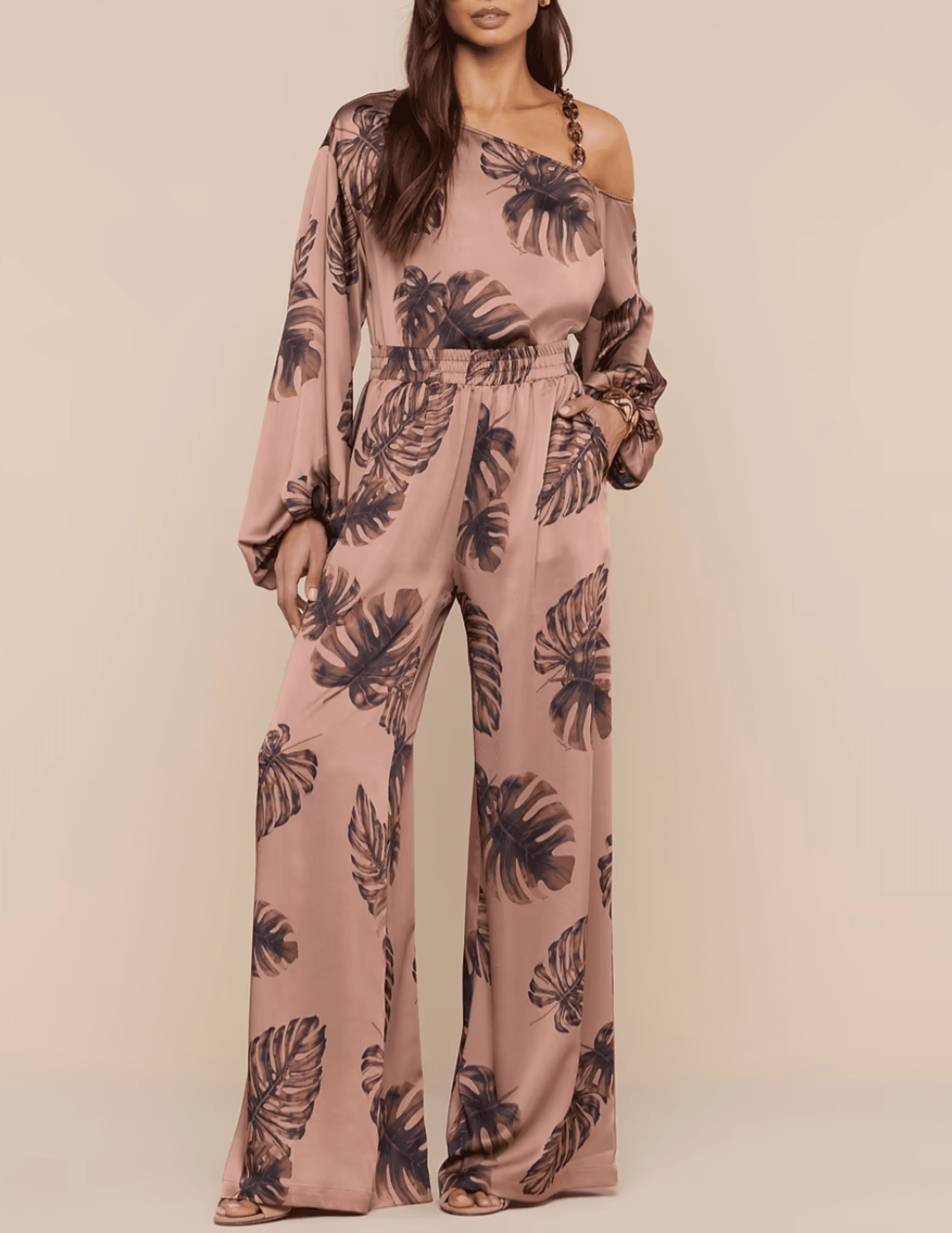 L'Agence - PRE-ORDER-L'Agence Asami Chain One Shoulder Blouse in Hazelnut Multi Large Palm - Buy Online