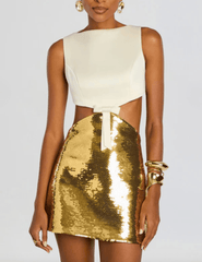 Retrofête Zevy Sequin Mini Dress in Cream and Ochre