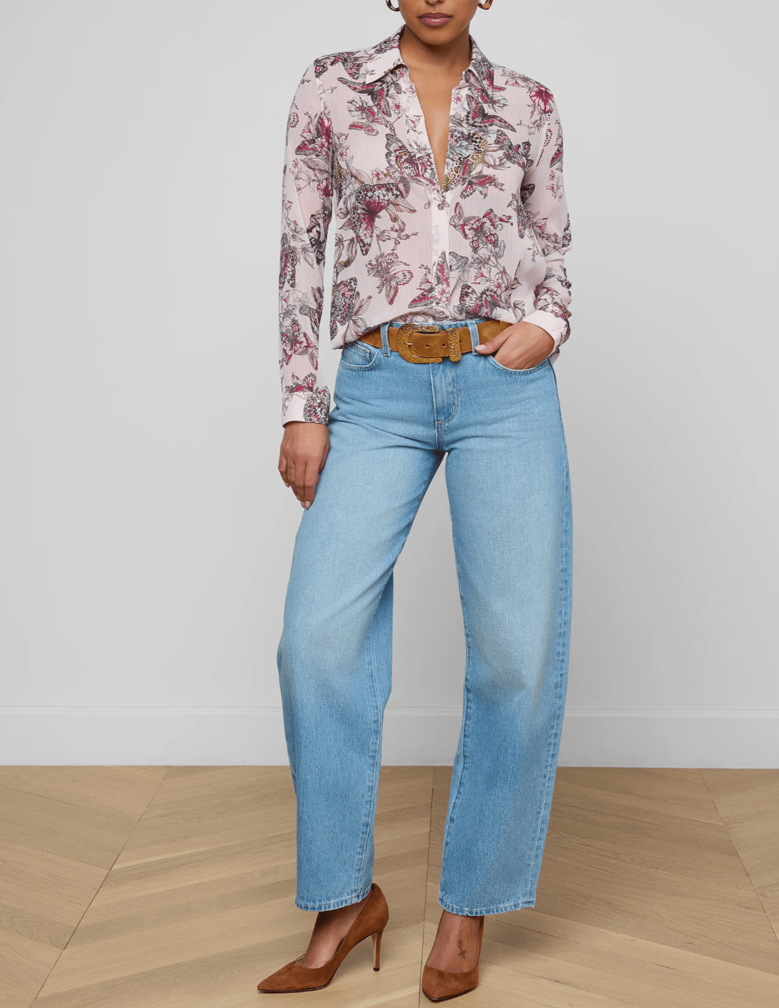 L'Agence - L'AGENCE Laurent Long Sleeve Blouse  in Light Nectar Pink Small Multi Butterfly Jungle - Buy Online