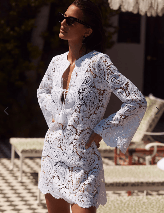 PRE-ORDER-L'Agence Ansley Crochet Long Sleeve Cover-Up Mini Dress in White