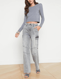 L'Agence Sky Crystal Button Long Sleeve Cropped Crew