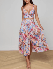 L'Agence - PRE-ORDER-L'AGENCE Seina Poplin Midi Skirt in Light Pink Multi Small Postcard Print - Buy Online