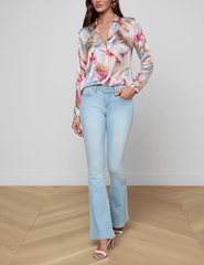 L'Agence - PRE-ORDER-L'AGENCE Tyler Long Sleeve Blouse in Light Pink Multi Large Postcard Print - Buy Online