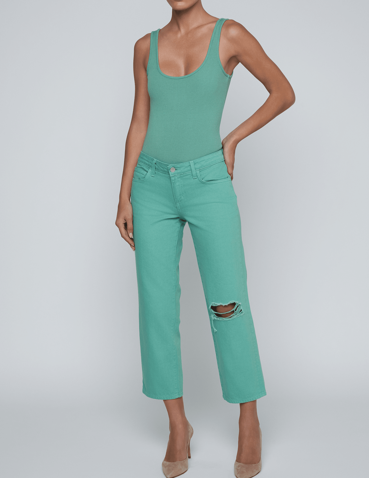 L'Agence - L’AGENCE Blaine Low Rise Stovepipe Jeans in Malachite Green Destruct - Buy Online