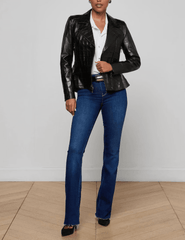 L'AGENCE Lyric Croc Embossed Leather Peplum Jacket in Black