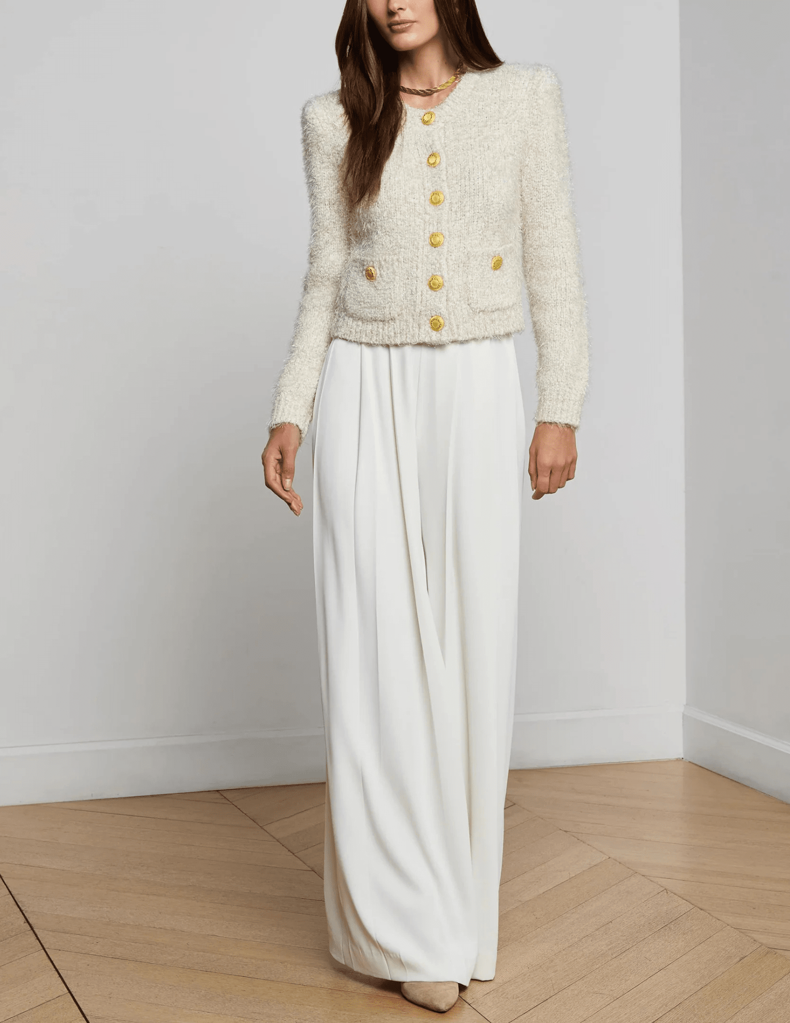 L'Agence - PRE-ORDER-L'AGENCE L'Agence Una Knit Metallic Cardigan in Ivory Gold Multi - Buy Online