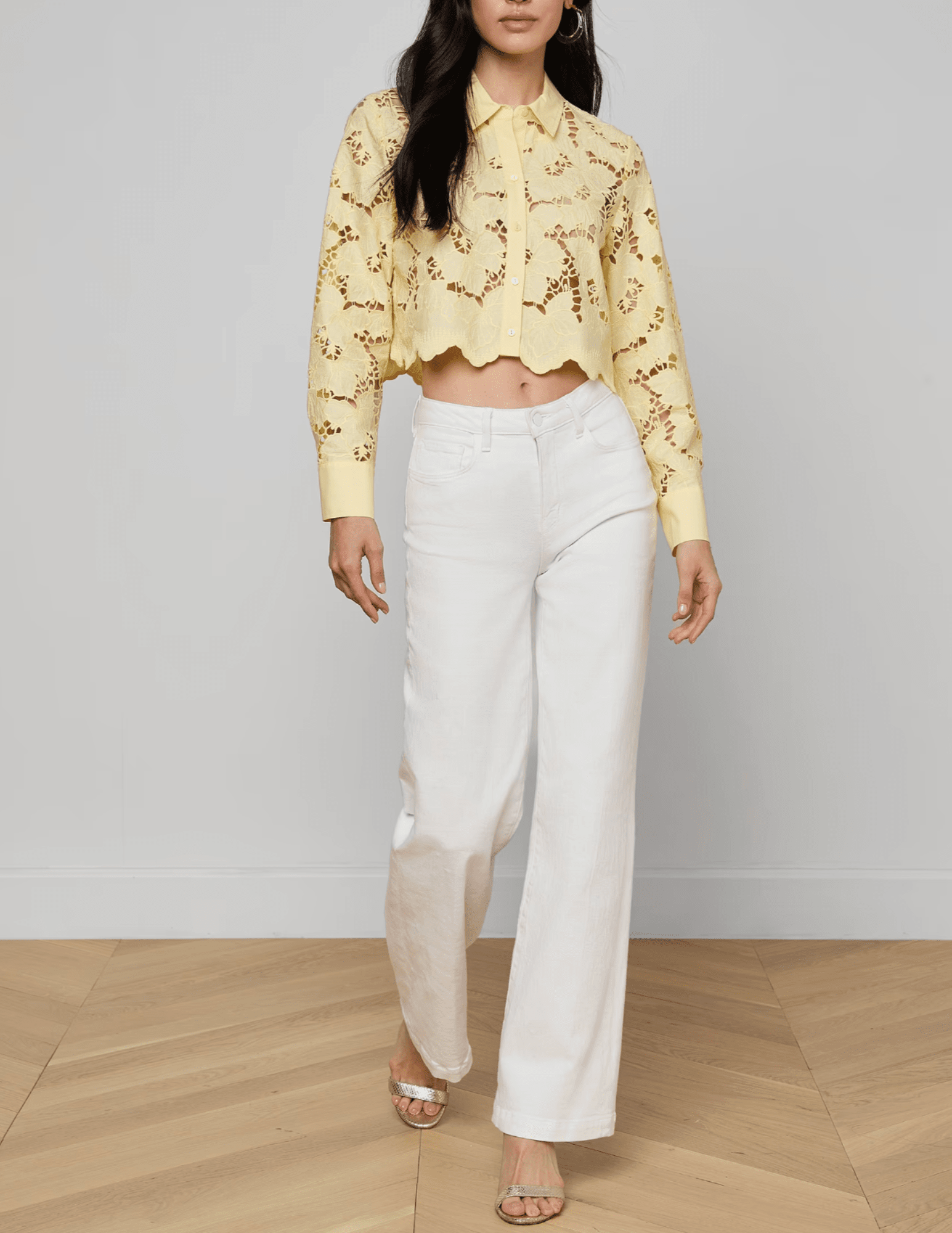 L'Agence - PRE-ORDER-L'AGENCE Seychelle Lace Cropped Blouse in Lemon Sorbet - Buy Online