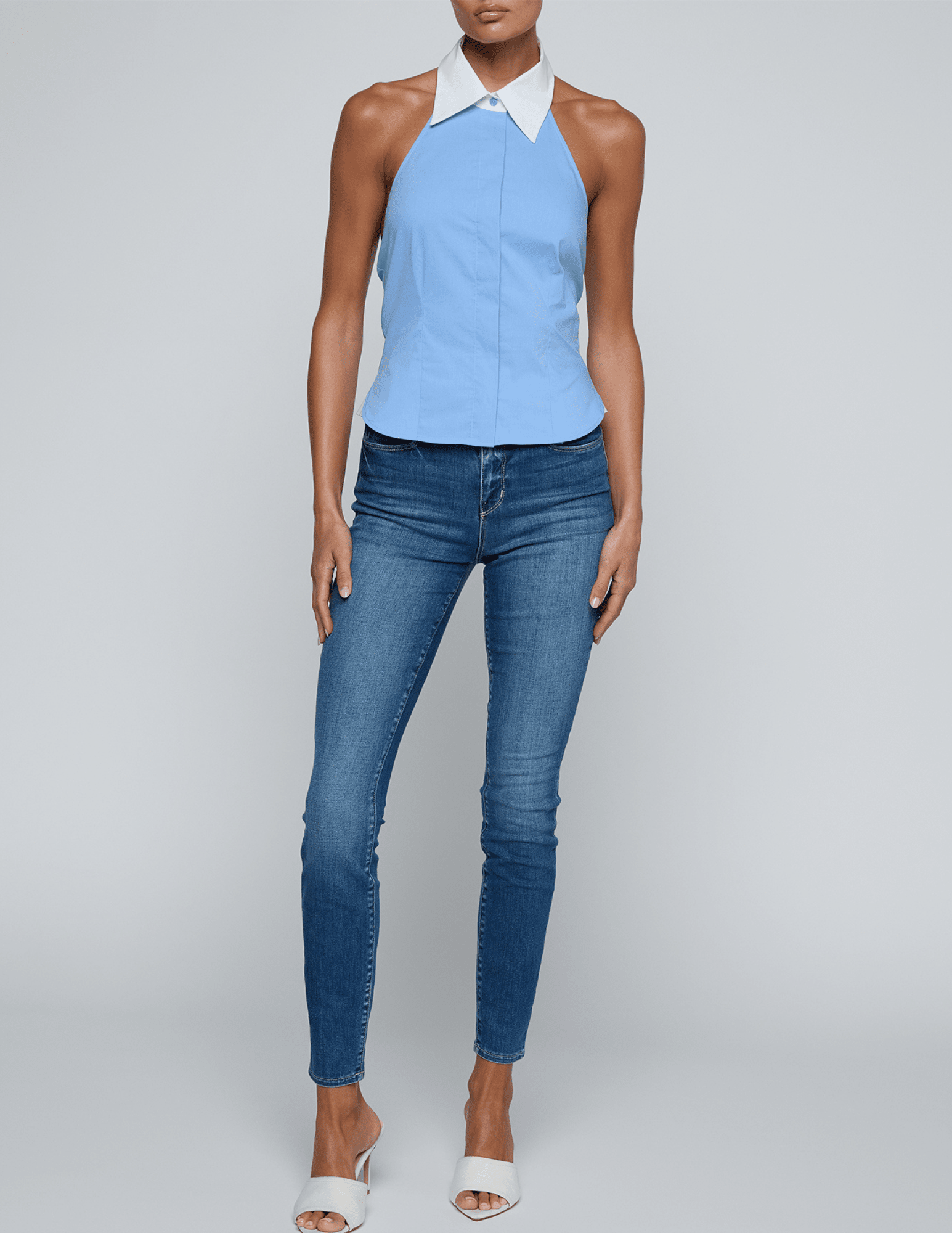L'Agence - PRE-ORDER-L'AGENCE Rina Collared Poplin Halter Top in Vista Blue - Buy Online