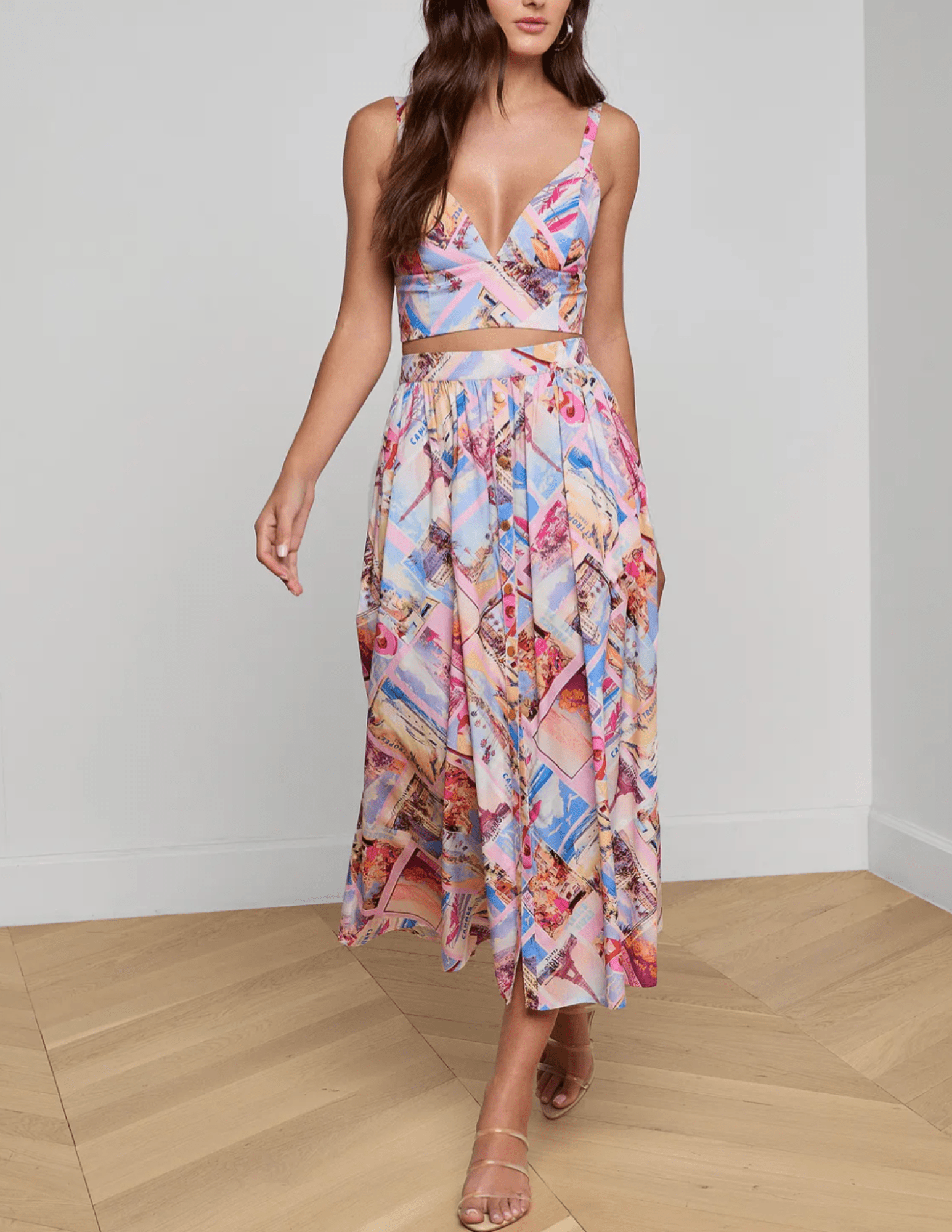 L'Agence - PRE-ORDER-L'AGENCE Kaori Bralette in Light Pink Multi Small Postcard Print - Buy Online