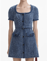 Self-Portrait Textured Denim Short Sleeve Mini Dress