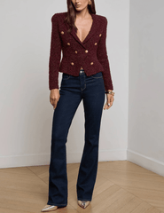 L’Agence Bethany Knit Tapered Blazer in dark syrah gold with geometric dome buttons full body