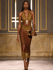 PRE-ORDER Retrofête Vicky Sequin Lace Halter Dress in Ochre