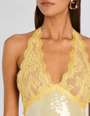 Retrofête - PRE-ORDER-Retrofête Vicky Sequin Lace Halter Dress in Yuzu - Buy Online