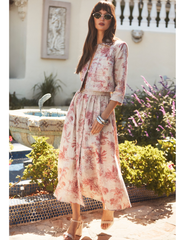 PRE-ORDER-L'AGENCE Seina Linen Midi Skirt in Tan Multi Textured Jungle Toile
