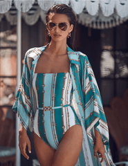 PRE-ORDER-L'AGENCE Tory Square Neck One Piece Swimsuit in Light Sage Belt Stripe