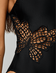 L'Agence - PRE-ORDER-L'AGENCE Remi Scoop Neck One Piece Swimsuit in Black Butterfly Crochet - Buy Online