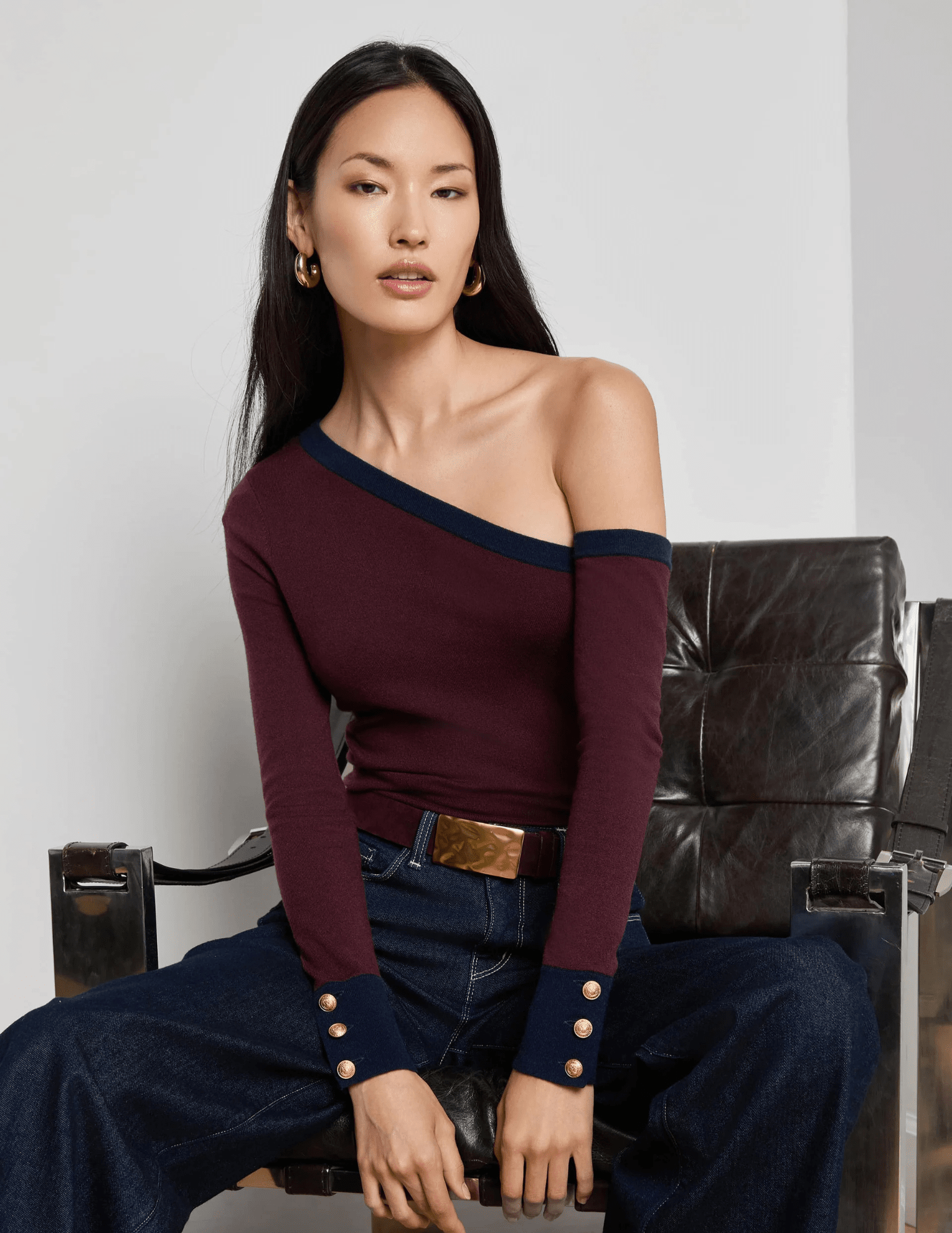 L'Agence - L'AGENCE Maeva One Shoulder Color-Block Sweater in Malbec Midnight - Buy Online