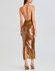 PRE-ORDER Retrofête Vicky Sequin Lace Halter Dress in Ochre