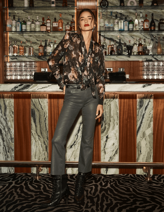 L'AGENCE Kendra high rise cropped coated jeans in Dark Shadow Coated, sleek women’s denim with a leather-like finish and modern cropped fit front editorial view