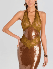 PRE-ORDER Retrofête Vicky Sequin Lace Halter Dress in Ochre
