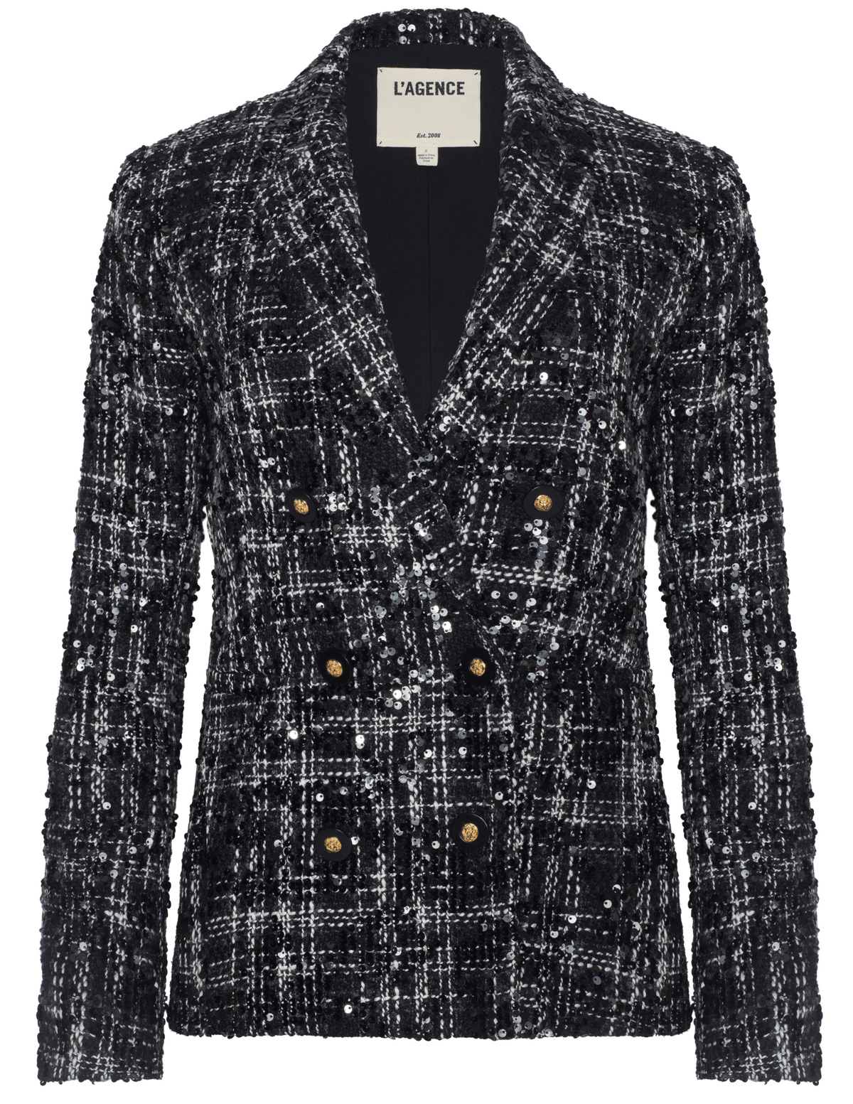 'AGENCE Colin Sequin Tweed Double Breasted Blazer in Black Ivory Tweed