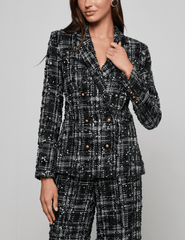 front view f 'AGENCE Colin Sequin Tweed Double Breasted Blazer in Black Ivory Tweed
