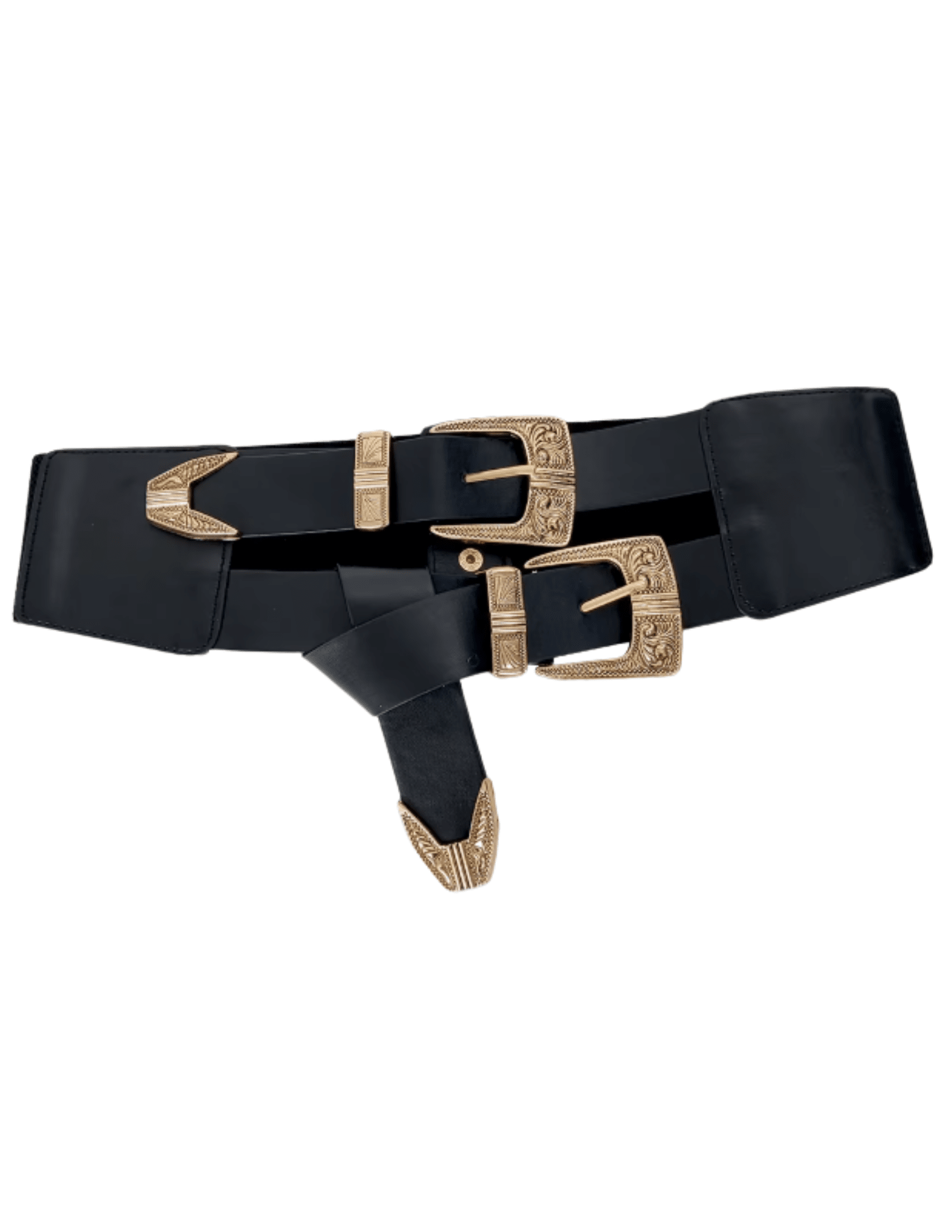 Austin Blaze Ingrid Double Buckle Belt in black gold with ornate hardware FRONT VIEW 