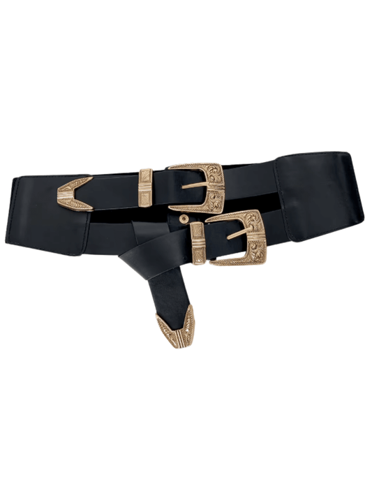 Austin Blaze Ingrid Double Buckle Belt in black gold with ornate hardware FRONT VIEW 