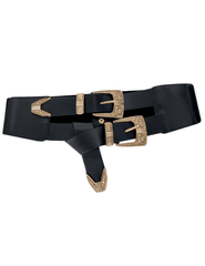 Austin Blaze Ingrid Double Buckle Belt in black gold with ornate hardware FRONT VIEW 